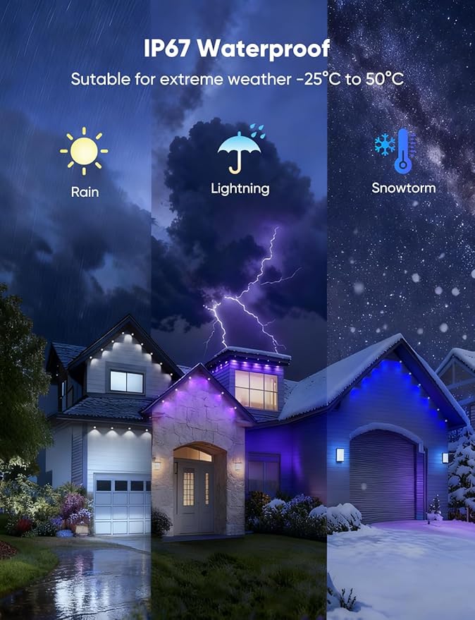 APPECK Permanent Outdoor Lights 200ft with 144 LED Lights, 72W Smart RGBW Eaves Lights, DC 36V, 40LM, IP67 Waterproof String Lights for Halloween Christmas Decor, Compatible with Alexa, Black
