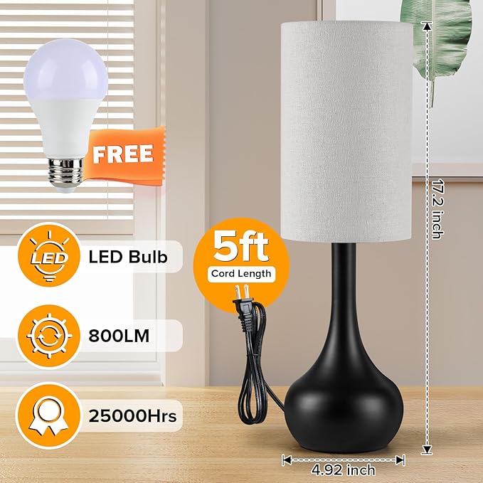 Touch Table Lamp for Nightstand, 3-Way Dimmable, Space Saving & No Assembly Required, Upgraded Small Droplet Vintage Black Bedside Lamp for Bedroom, Living Room, Office (Bulb Included)