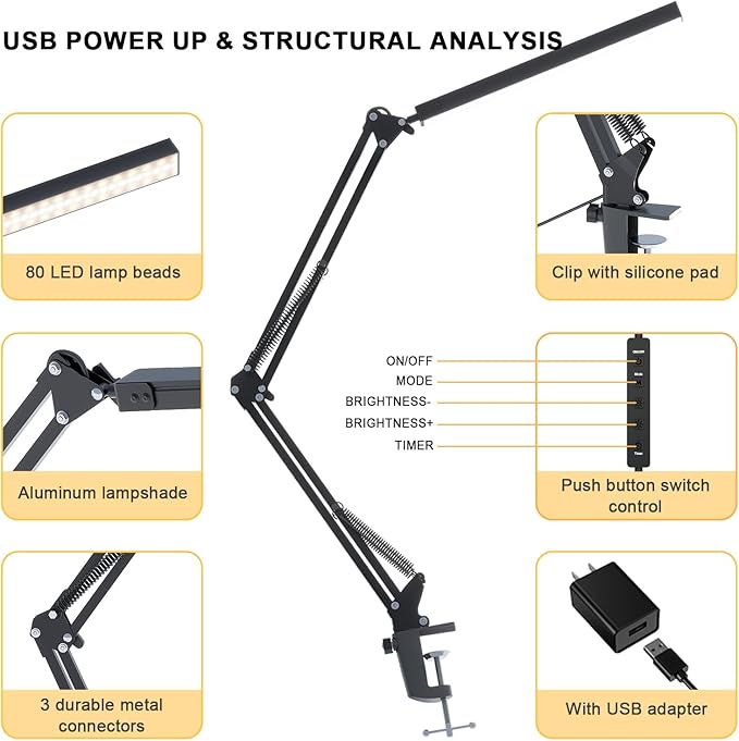 LED Desk Lamp for Home Office and Round Base, Clamp-On with 5 Light Modes & Auto Shut Off | 14W Adjustable Brightness 5000K Eye-Caring Lighting for Study/Bedroom/Computer Desk