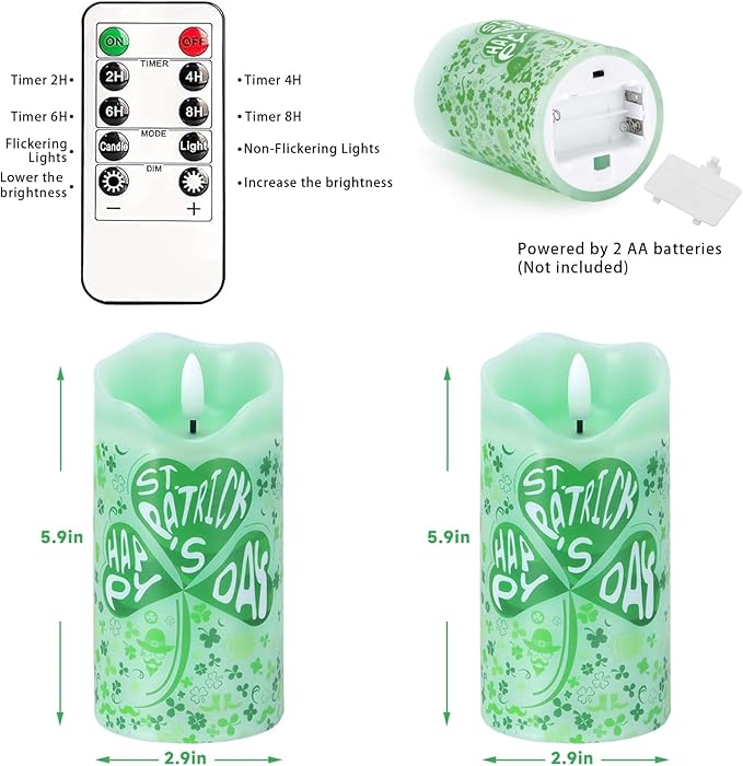 Flameless Candles Set of 2, 6"x3" Flickering Shamrock LED Candles with Remote & Timer, Real Wax St. Patrick's Day Electric Pillar Candles Battery Operated for Home St. Patrick's Day Decor (Clover)