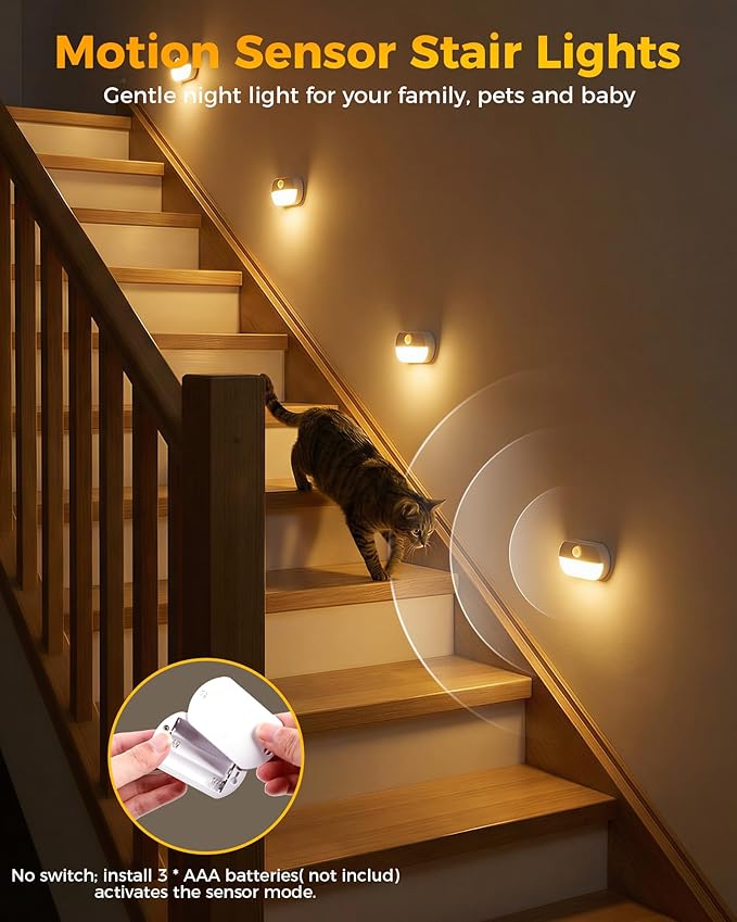 4 Pack Battery Motion Sensor Stair Lights, Indoor Closet Light, Wireless Stick On Hallway Night Light, Battery Operated LED Lights for Stairway Closet Bedroom Cabinet Toilet Bathroom