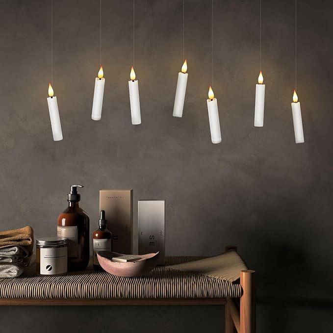 IMAGE 24Pcs LED Taper Candles Light Set Floating Effect with Fishing Line Flameless 3D Wick Ivory Candles with Clip-on Christmas Tree Design, 10-Key Remote with Timer, Warm White Light