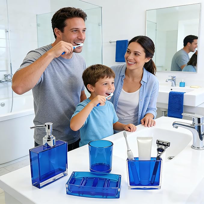 4-Piece Serene Blue Acrylic Bathroom Accessories Set — Soap Dispenser, Toothbrush Holder, Soap Dish & Mouthwash Cup, Vanity Countertop Organizer for Blue Coastal Bathroom Decor