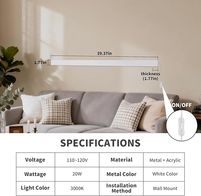 Modern Plug in Long Wall Sconce, 39.3" White Matte LED Wall Lights, 20W Warm White 3000K Acrylic Indoor Wall lamp, with 59" Plug Cable for Bedroom, Living Room, Hallway
