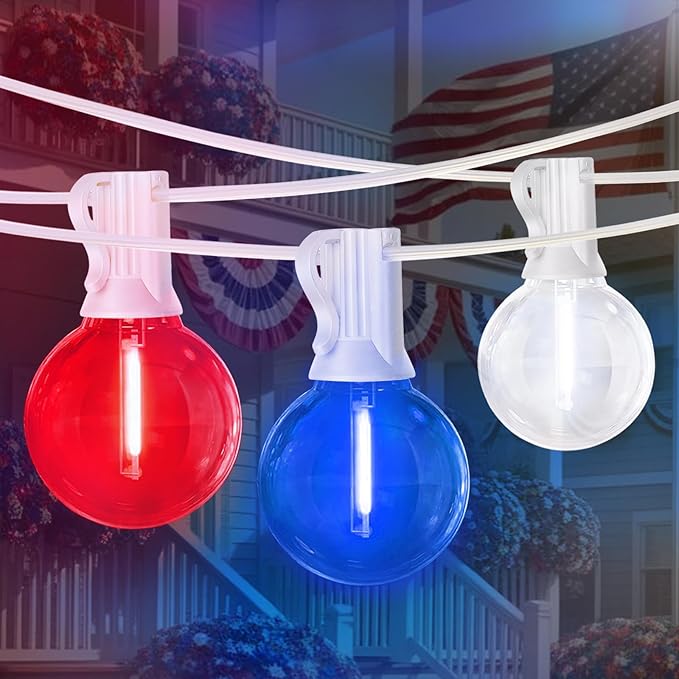 LAMPHOME 26Ft LED G40 Red White and Blue Lights Outdoor 4th of July Lights with12+1 Shatterproof Bulbs for Patriotic Decor in Yard Garden Patio - Light up Memorial Day 4th of July Decorations Outdoor