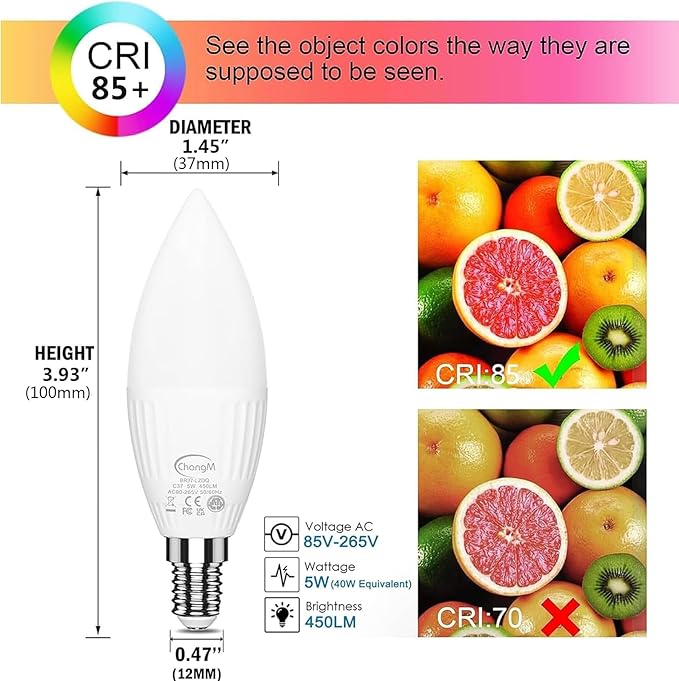 E12 LED Candelabra Light Bulbs 5W, Set of 6 Color Changing Candle Bulbs,Small Base B11 40W Incandescent Equivalent, 560 Lumen, RGB + 2700K Warm White, 12 Colors, 2 Modes, Timer, Remote Control