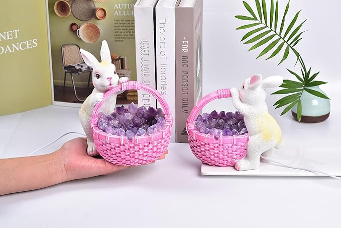 AMOYSTONE Amethyst Rabbit Night Light with Ceramic Sculpture, USB Powered Easter Home Decor Lamp for Bedroom Kids Room Gift