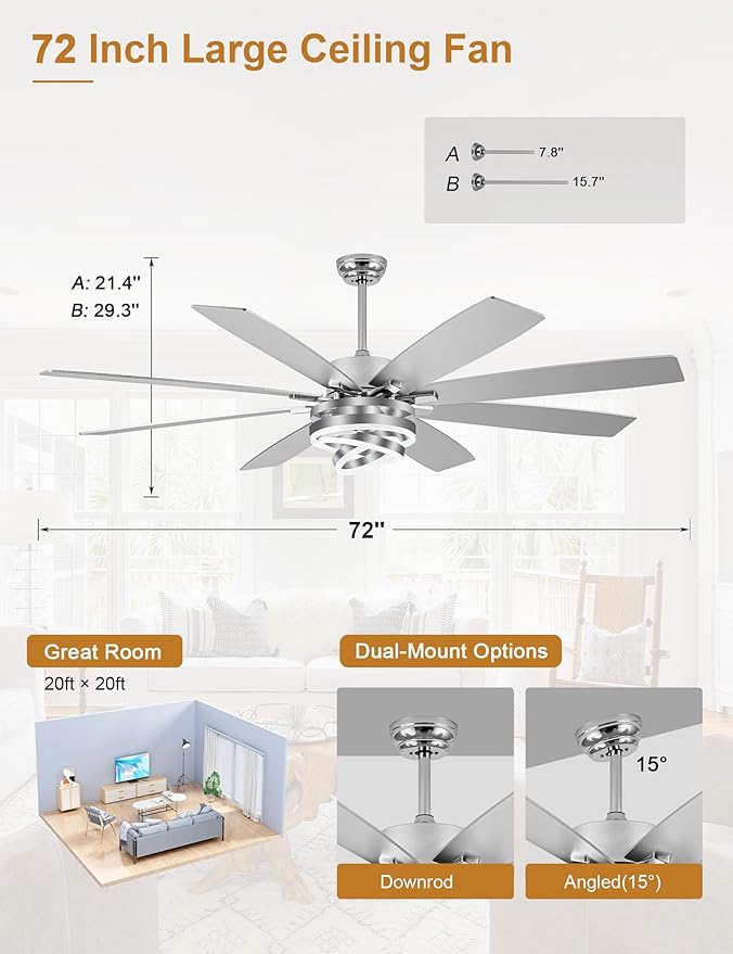72 Inch Ceiling Fans with Lights, Large Modern Ceiling Fan with Remote Control for Living Room Kitchen, Dimmable, 6 Speed Reversible DC Motor, Dual Finish