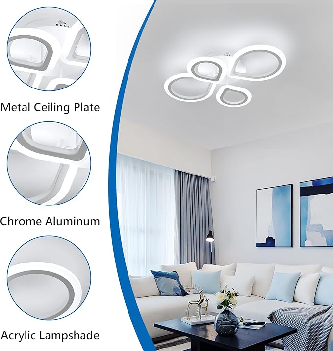 DELIPOP Modern LED Ceiling Light, 6500K Flush Mount Ceiling Light, 4 Rings Ceiling Light Fixture for Living Room Bedroom Kitchen