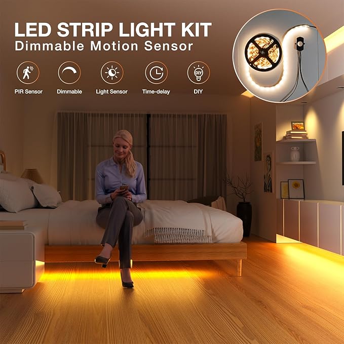 Sensky Dimmable PIR Motion Sensor LED Under Cabinet Lighting Kit Extendable Under Counter LED Light with Motion Sensor for Gun Safe Lighting,Shelf,TV Wall Lighting,Mirror,Bedroom(8.2FT,2800-3200K)