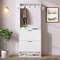 Betoko Hall Tree with Shoes Storage,Farmhouse Entryway Coat Rack Wooden Hallway Mudroom Tree Bench Corner Tree Cabinet with 5 Coat Hooks and 2 Shoes Cabinets and Open Shelf(Rustic White)