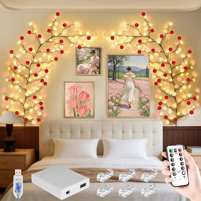 Rose Blossom Enchanted Willow Vine Lights, 7.55FT 144LED 3 Color Rose Blossom Tree Branch Lights for Wall, Remote Timer,8 Light Model,Bedroom Wall Doors Wedding, Christmas, USB Battery Box