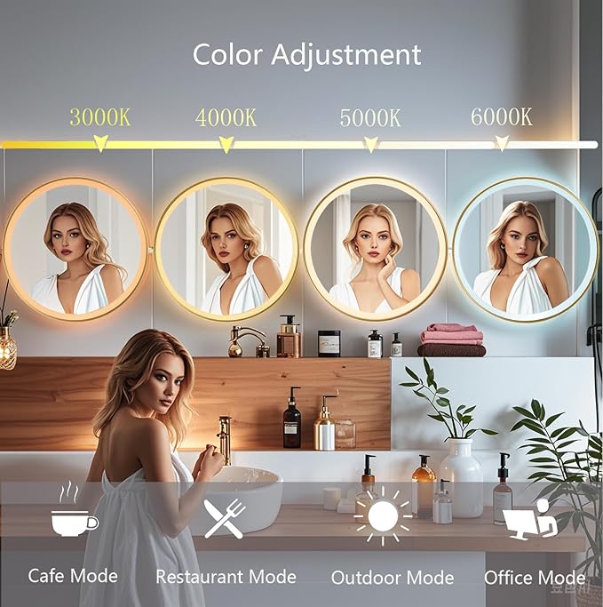 Wall-Mounted Round Bathroom Mirror with LED-Lights - Frame Vanity Mirrors (32" x 32", Gold)