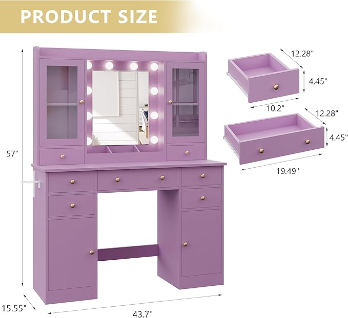 Makeup Vanity Desk with Mirror and Lights, Purple Vanity Table Set with Storage Drawers, Charging Station & Cabinets, Large Dressing Table with RGB Ambient Light for Women Girls Bedroom Bathroom
