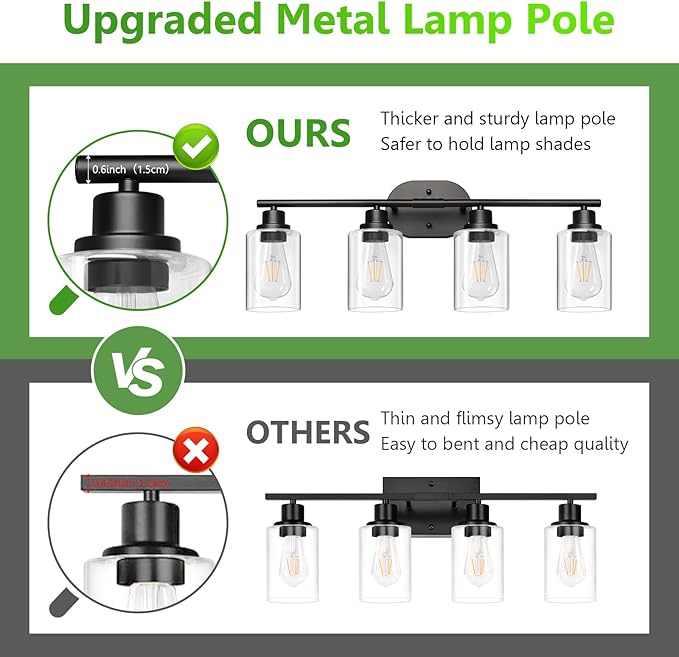 Ascher 4-Light Bathroom Light Fixtures, Modern Vanity Lights with Clear Glass Shade, Matte Black Wall Lamp for Bathroom Mirror Hallway Cabinet Porch