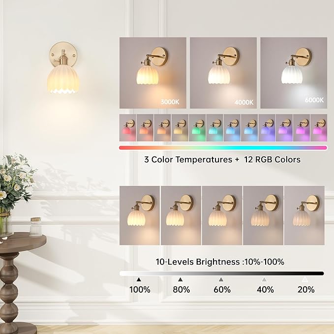 Vintage Battery Operated Wall Sconce with White Tulip Glass Lampshade Rechargeable Battery Powered Wall Light with Remote Control for Bedside Bedroom Doorway