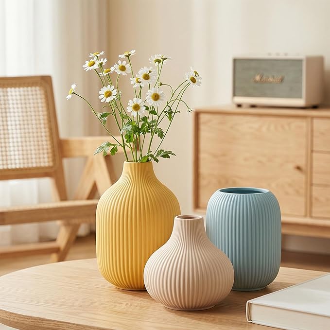 Set of 3 Small Matte Vibrant Ceramic Vases in Light Blue, Mustard Yellow and Beige - Modern Minimalist Ribbed Decor for Centerpiece, Farmhouse Living Room, Kitchen Shelf, Gift Idea