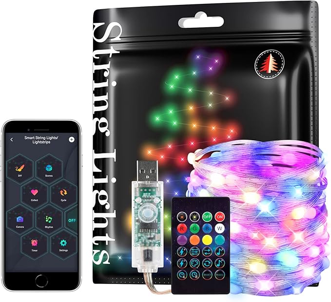 BTF-LIGHTING RGB IC WS2812B USB Twinkle Smart Fairy Light String 32.8FT 100pixel Transparent Wire Music Bluetooth Mesh APP IR Remote DIY Control Sync Color Chasing IP65 For Christmas Tree Bedroom DC5V