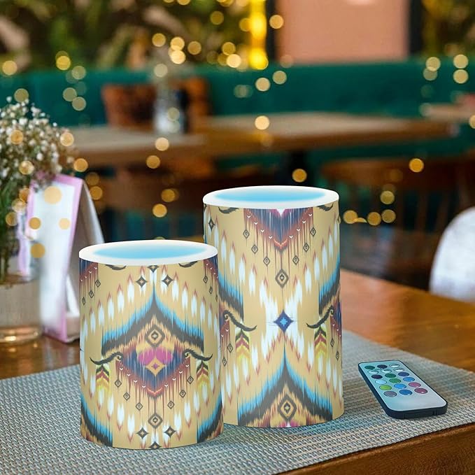 YETTASBIN Aztec Navajo Flameless Candles with Remote Control and Timer, Adjustable Brightness Long Lasting Battery Operated LED Pillar Candles for Indoor Outdoor Party Holiday Home Decor, 2 Pack