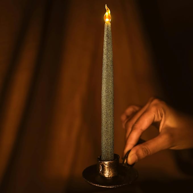 FURORA LIGHTING Gold Glitter LED Candles - Flickering Flameless Taper Candles with 6/18 Hour Timer, Battery Operated for Safety and Elegance, Pack of 2