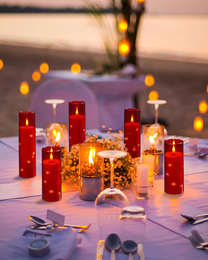 Da by Flameless Candle Light, Battery Candle with recessed String Light, 5 flameless Candles with 11-Key Remote Control, 24-Hour Timer Function, red