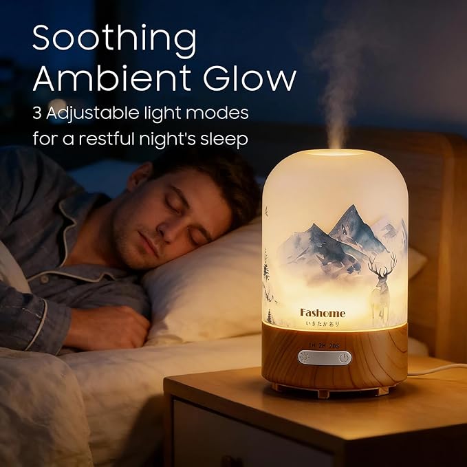 Essential Oil Diffuser Hand Blown Glass, 100ml Small Aromatherapy Diffuser, Auto Shut-Off Function, Ultrasonic Diffusers for Essential Oils, Cool Mist Humidifier with Warm White Lights