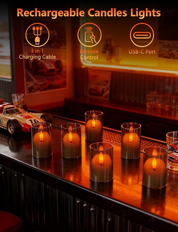 Rechargeable Operated Acrylic LED Tealight with Remote Control and Timer，Gary Flickering Flameless Candles for Home Decor, Valentines, Holidays (Set of 6