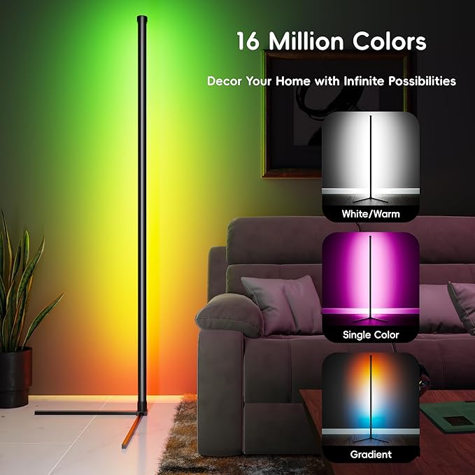 Corner Floor Lamp 2 Pack, Smart RGB Led Floor Light, 16 Million Colors& 44+ Scene, Works with Alexa, Music Sync, Ambient Light with Remote& App Control for Living Room, Bedroom, Gaming Room
