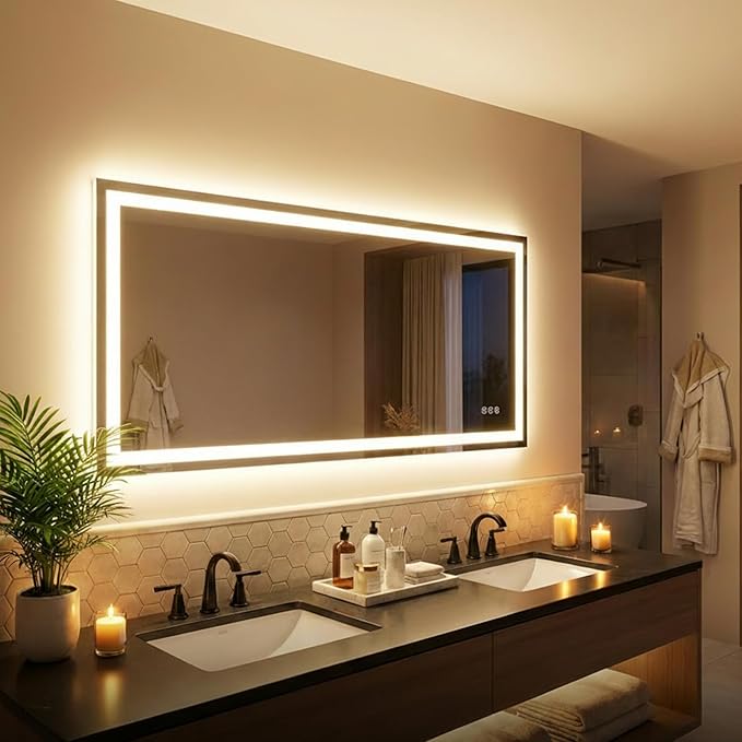 55"x 36" LED Bathroom Mirror with Lights, Backlit & Front Lit, Stepless Dimmable, Anti-Fog, 3 Colors, Lighted Bathroom Vanity Mirror for Wall, Tempered Glass, Memory Function, ETL Listed