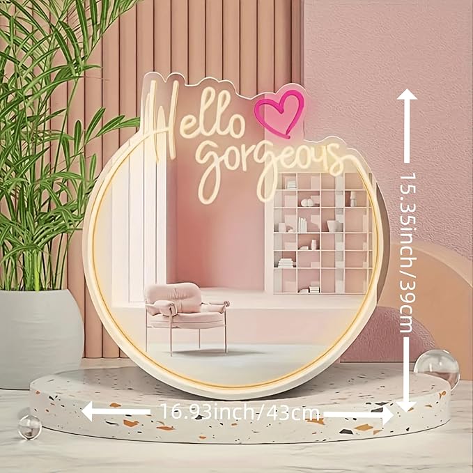 Hello Kit Mirror with Light Neon Signs for Room Decor, USB Powered Cute Cat LED Lights, Teen Girl Best Gift, Makeup Mirror Neon Sign Wall Decor (Yellow)