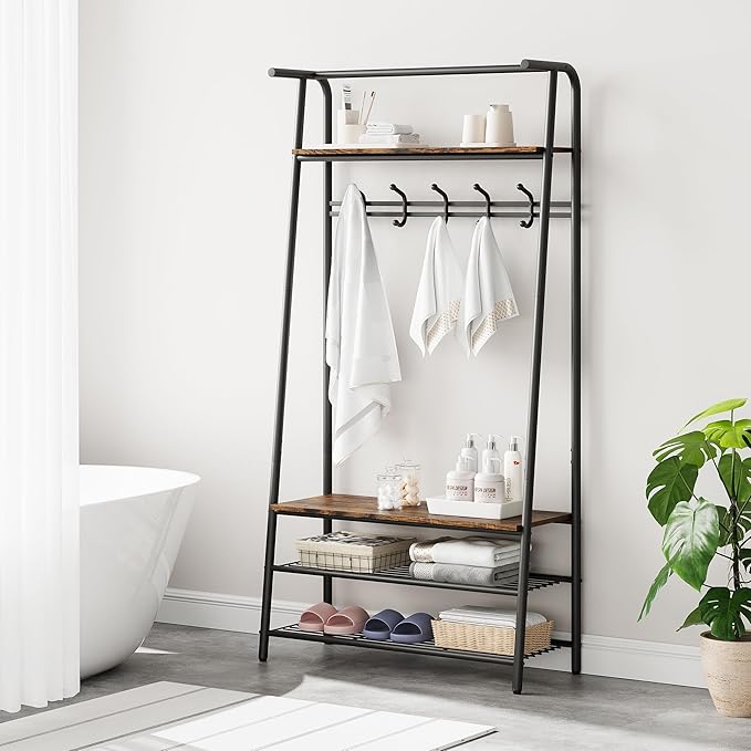 31.5" Coat Rack Hall Tree Shoe Bench with Hooks, 4 in 1 Shelf Entryway Hall Tree with Storage, Freestanding Metal Frame Multifunctional Hallway Organizer, Wood Look Accent Furniture for Bathroom
