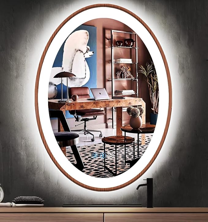 24 x 32 Inch Wood Frame LED Oval Mirror with Lights Smart Memory 3 Color Dimmable AntiFog Wooden Grain Design 32 Inch Wood Oval Lighted Vanity Mirror for Bathroom Wall Mounted