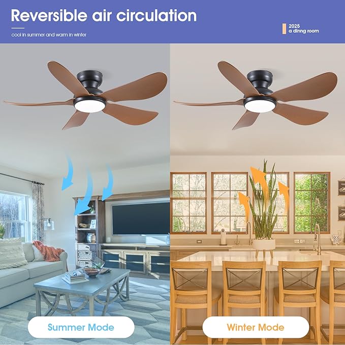 46 Inch Modern Ceiling Fans with Lights, Flush Mount Ceiling Fan, Remote/APP Control, 5 Reversible Curved Blades, 6 Speeds, 3 CCT Dimmable LED Lights for Bedroom Kids Room, Brown