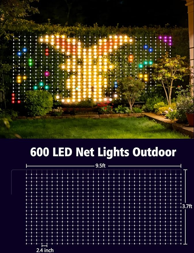 echosari 600 LED Net Lights Outdoor, 3.7 * 9.5ft Smart RGB&IC Net Lights with App/Remote Control, DIY Modes, Waterproof Mesh Light for Patio Bush Decor (Clear Wire)