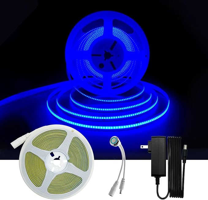 HAMRVL COB LED Strip Lights Blue, 16.4ft DC12V Dimmable LED Lights with 1600 LEDs,Touch Dimmer,12V Adapter,Bright Dotless Adhesive Indoor COB LED Strip Lights for Cabinet Home DIY Lighting Projects