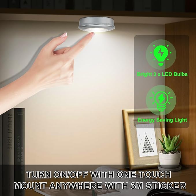 BIGMONAT LED Puck Light, Stick on Lights, Closet Lights Battery Operated, Tap Lights, 60 Lumens Touch Light, Under Cabinet Lighting, Ideal for Kitchen Cabinets, Closets, 3-Pack, Silver