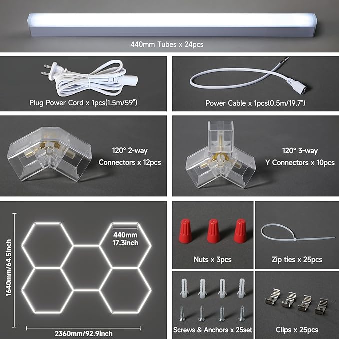 Hexagon Garage Lights 192W 23040LM Super Bright，6500K Daylight White LED - Honeycomb Garage Ceiling Lighting Fixture for Basement, Gym, Workshop, Salon & Commercial Spaces 5 Hex