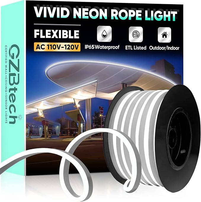GZBtech Flexible LED Neon Rope Lights 33FT,AC 110-120V Waterproof Strip Light, 120 LEDs/M Cuttable Connectable Neon Lighting for Indoor Outdoor Home Decor/Commercial Use-Cold White 10M, ETL Listed