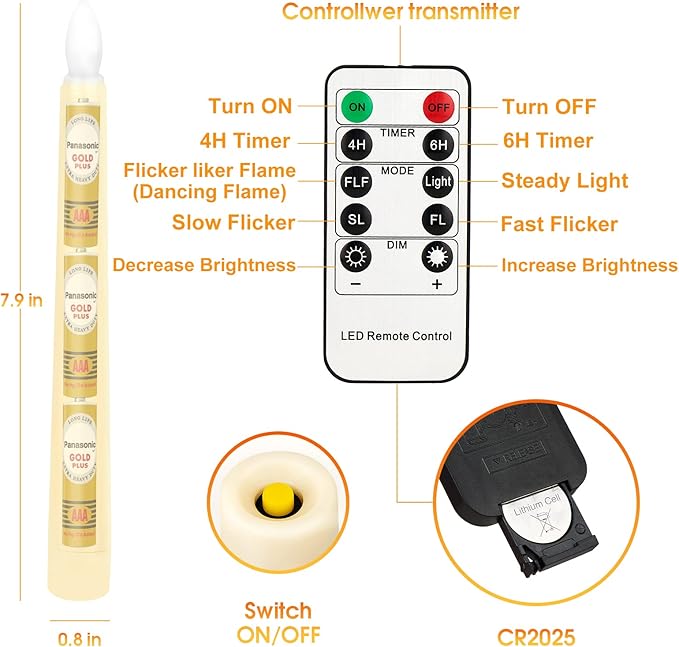 7.9 Inch Flameless Taper Candles Flickering with Timer Remote, Battery Operated LED Window Candles with Removable Base and Suction Cups for Home Christmas Decor, 4PCS Ivory