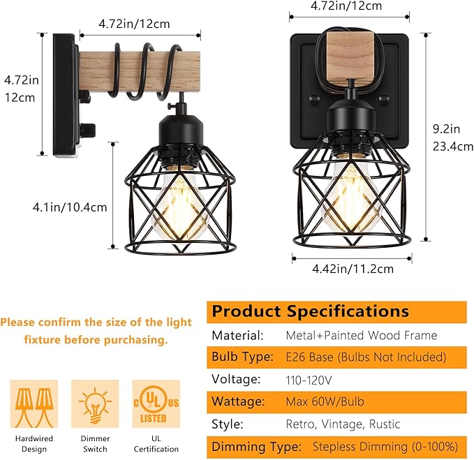 FadimiKoo Dimmable Wall Sconces Set of Two, Bedside Wall Mounted Lamp with Rotary Switch, Wooden Black Bathroom Light Fixtures with Metal Cage, Hardwired Farmhouse Wall Lights for Bedroom, Living Room