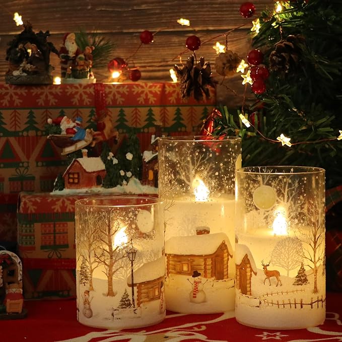 Wondise Snowman Glass Flameless Candles with Remote and Timer, Battery Operated Real Wax LED Flickering LED Candles White Cold Light Window Christmas Holiday Decor D3 x 4",5",6"