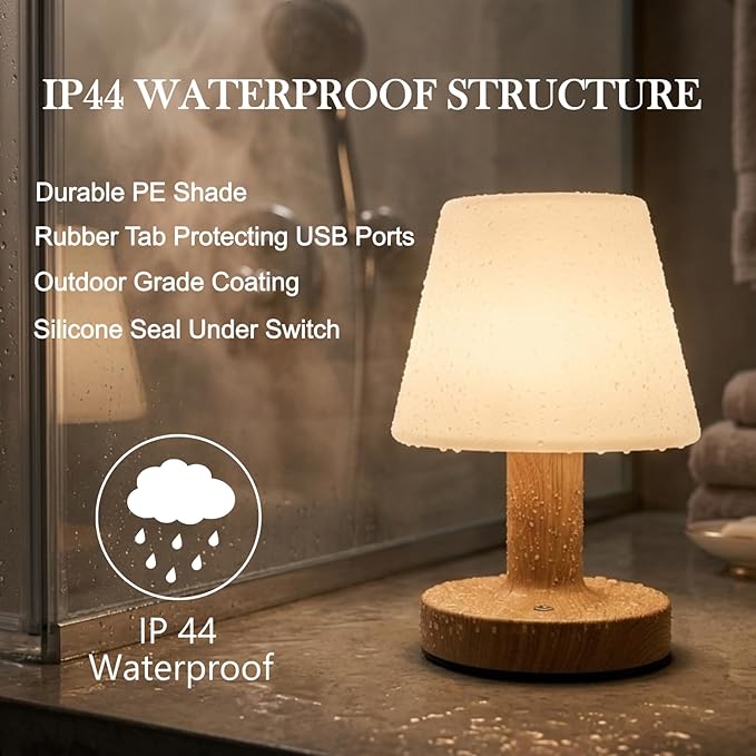 Cordless Table Lamp, Rechargeable Table Lamp, Waterproof Shower Lamp, 5200mAh Small Lamps, 3-Color Dimmable Touch Light, Portable Outdoor and indoor table lamp, Bedside night light (Natural Wood)