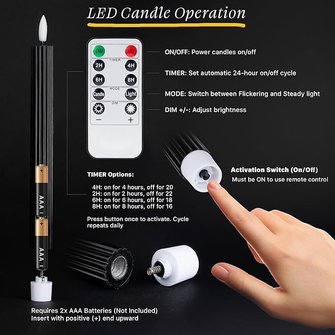 12 Pack, 10" LED Flameless Black Fluted Ribbed Grooved Taper Candles, Remote & 24h Timer Memory, On/Off Button, Dimmable, Flicker Mode, Battery Operated, Christmas Menorah Wedding