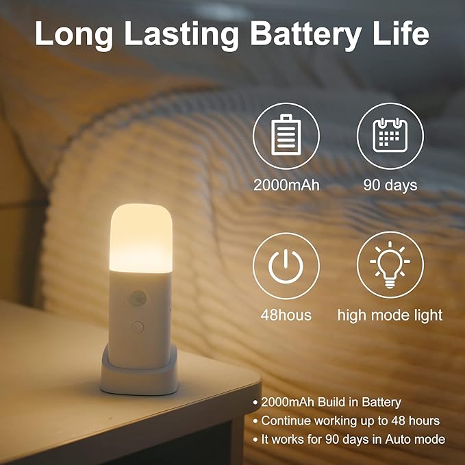 YELKO Motion Sensor Night Light, 2000mAh Rechargeable Night Lights Battery Powered, Portable Dimmable Nightlights with 5 Brightness Levels for Kids,Adults(Cool White 2Pack)