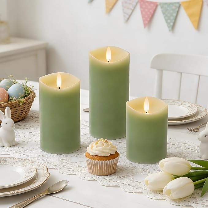 Green Flameless Candles with Remote and Timer, Real Wax Made LED Pillar Candles Battery Operated with 3D Flickering Flame Melted Edge, 3" x 4",5",6", Set of 3 (Pastel Green)