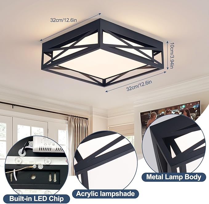 Modern LED Ceiling Light Fixture, Square LED Flush Mount Hallway Light Fixtures, Farmhouse Black Close to Ceiling Light for Hallway Bedroom Balcony Porch Stairway Ceiling Lamp (Square, 3000K)