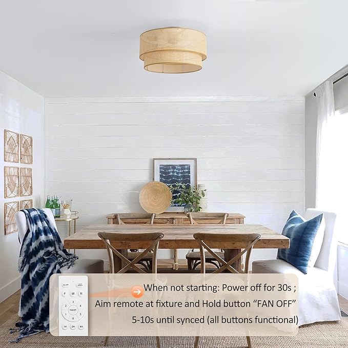 20 Inch Boho Caged Ceiling Fans with Lights Flush Mount, Rattan Ceiling Fan with Light Remote Control with Reversible 6 Speeds for Bedroom, Nursery, Living Room, E26, Base, Indoor