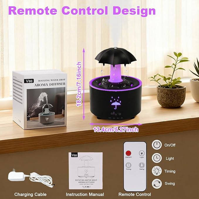 Rain Humidifier Oil Diffuser, Raindrop Essential Oil Aromatherapy Diffuser for Bedroom, 360° Rotating Raindrop & 7 LED Mood Lights, Auto Shut-Off, Quiet Cool Mist Humidifier for up to 24 Hrs
