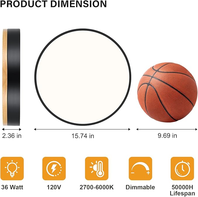 Modern Dimmable Wood Ceiling Light, Black Round LED Flush Mount Ceiling Lighting Fixtures, Minimalist Ceiling Lamp for Kitchen Bedroom Laundry Room Living Room Entryway Hallway&15.74 in