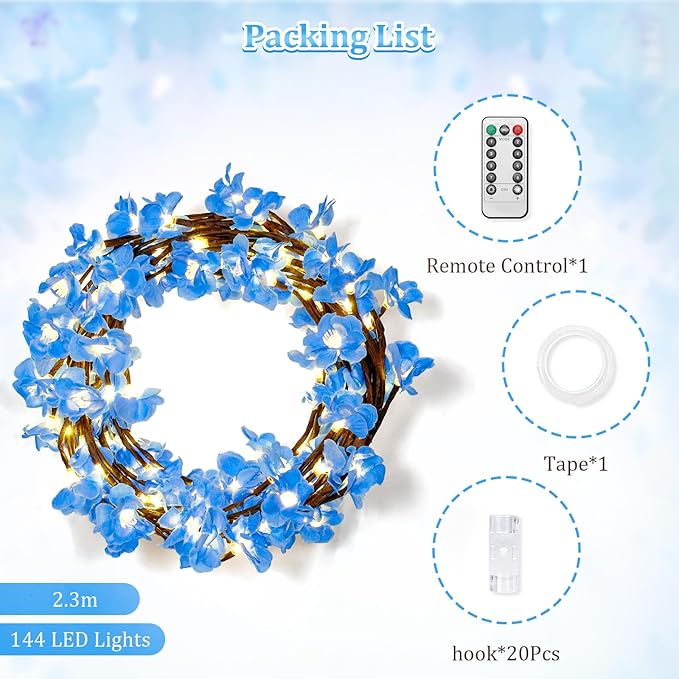 7.55 FT 144 LED Blue Cherry Enchanted Willow Vine Lights,Cherry Blossom Light with Remote Timer,8 Lighting Modes,LED Tree Branch Lights for Wall,Cherry Blossom Wall Decor for Bedroom Living Room